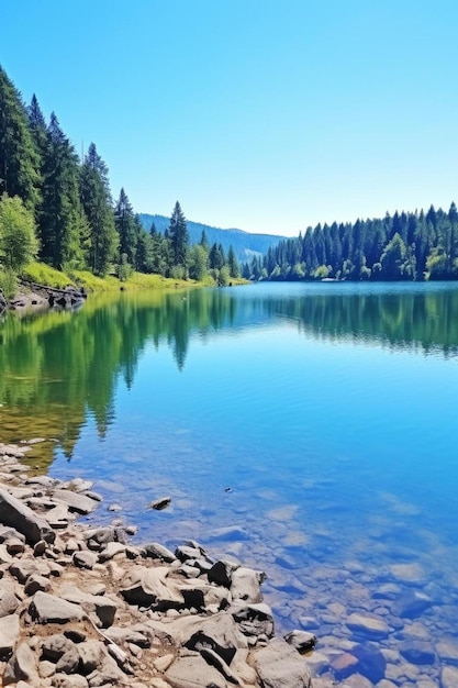 Photo a lake with a mountain in the background and a mountain in the background