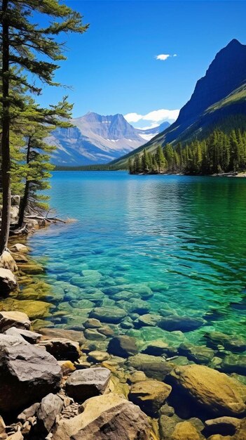 Photo a lake with a mountain in the background and a mountain in the background