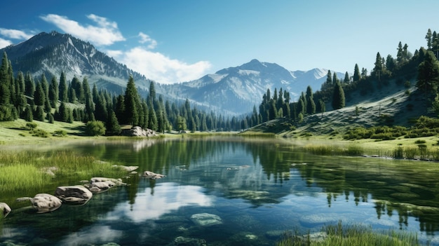 a lake with a mountain in the background