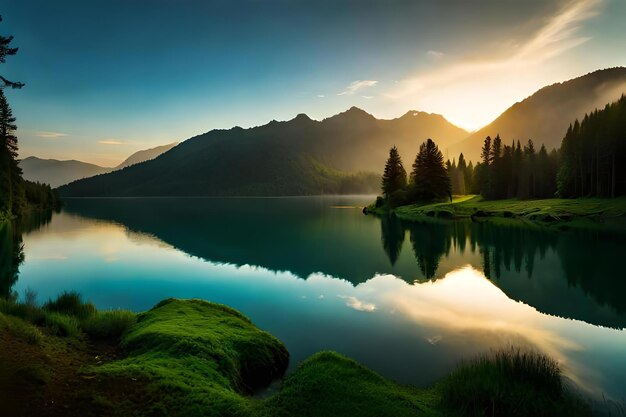 A lake with a mountain in the background