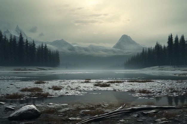 a lake with a mountain in the background