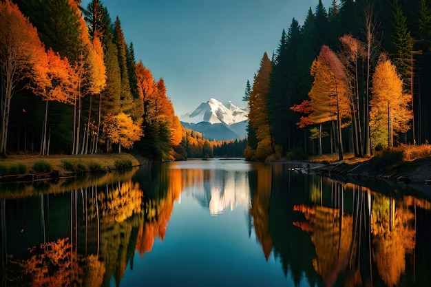 A lake with a mountain in the background