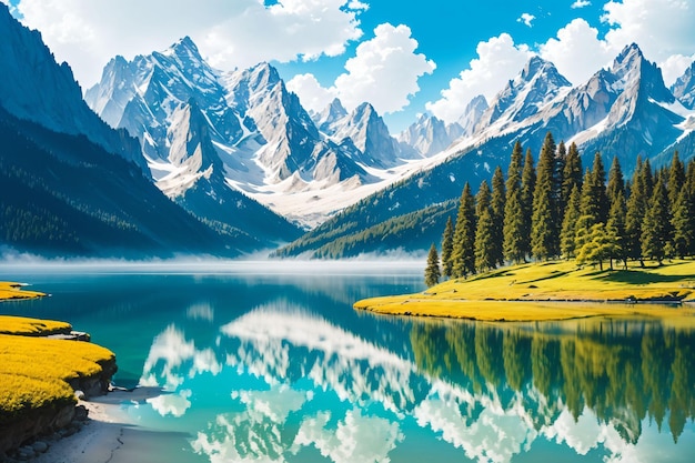 A lake with a mountain in the background