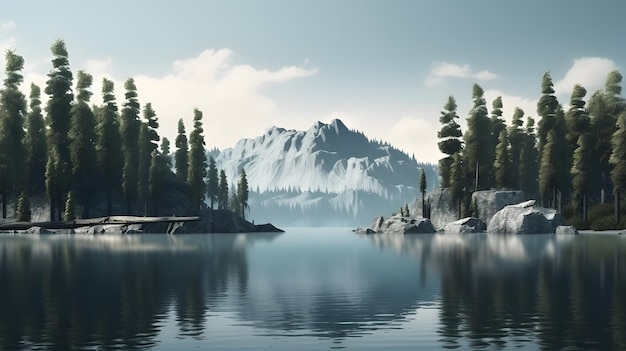 A lake with a mountain in the background