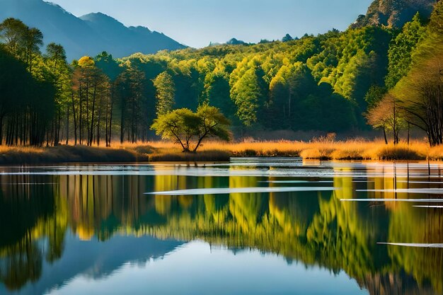 A lake with a mountain in the background