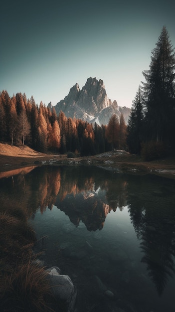 A lake with a mountain in the background