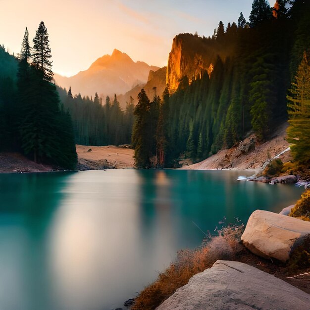 A lake with a mountain in the background