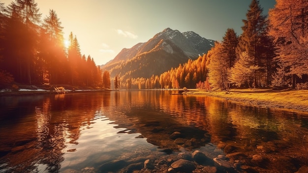 A lake with a mountain in the background