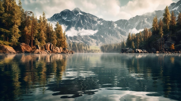 A lake with a mountain in the background