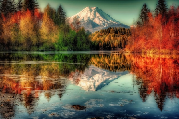 A lake with a mountain in the background