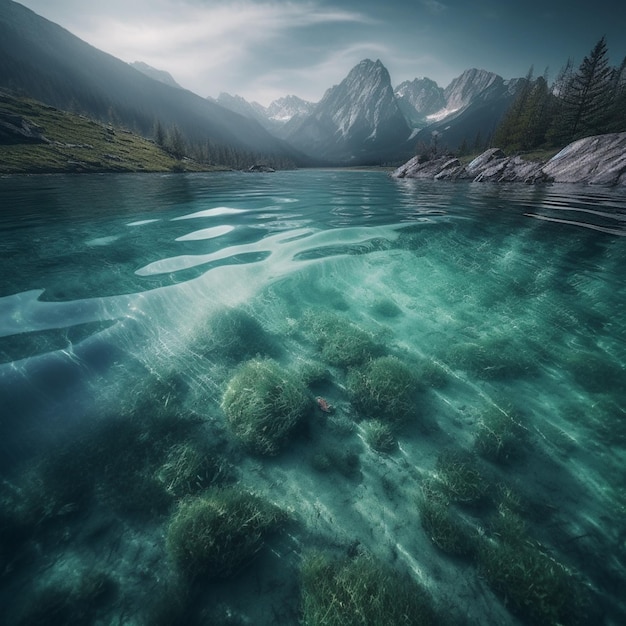 A lake with a mountain in the background