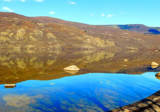 A lake with a mountain in the background