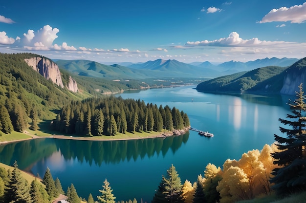 A lake with a mountain in the background