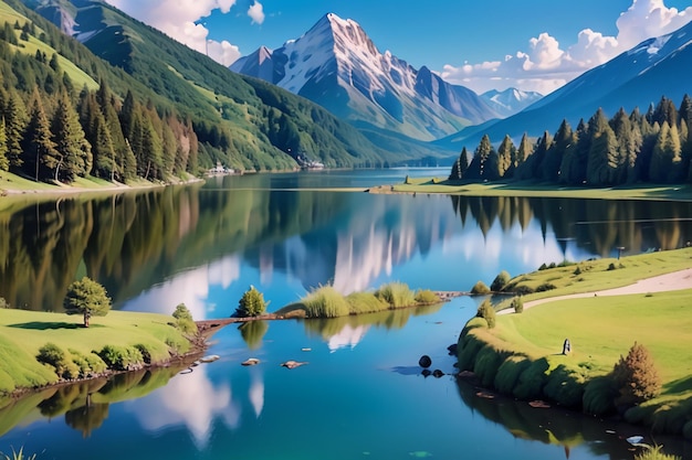 A lake with a mountain in the background