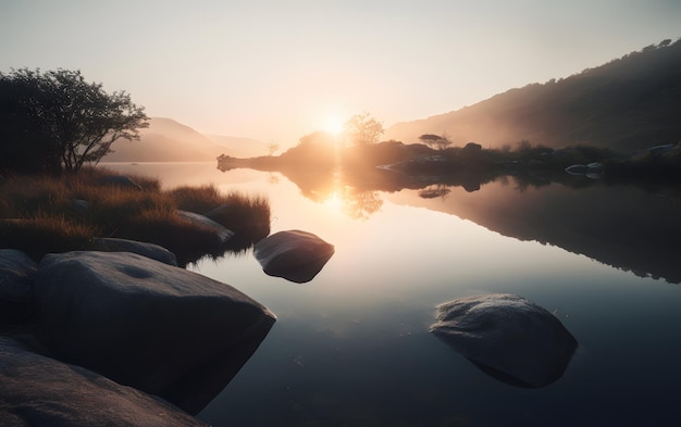 A lake with a mountain in the background