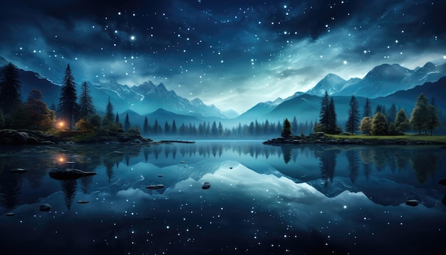 A lake with a mountain and a starry night sky.