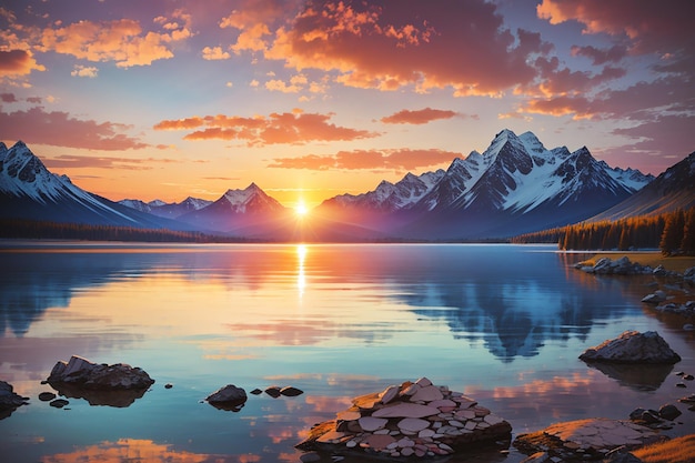 Photo lake with mountain sunset background