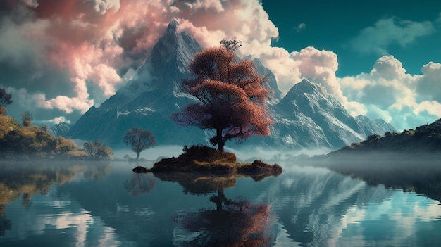 A lake with a mountain and a tree on it