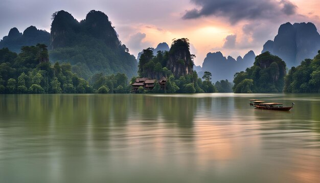 a lake with mountains in the background and a boat in the water