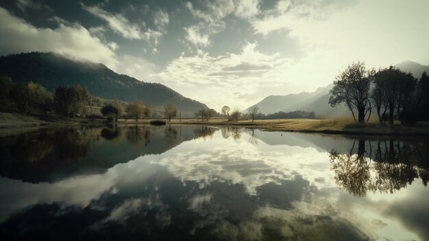 A lake with mountains in the background and clouds in the sky