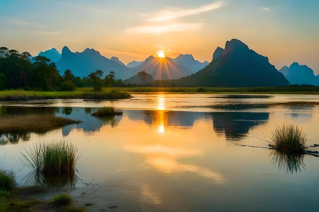 A lake with mountains in the background and a sunset in the background