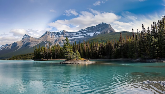 A lake with mountains in the background