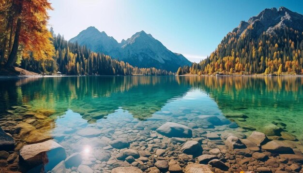 Photo a lake with mountains in the background