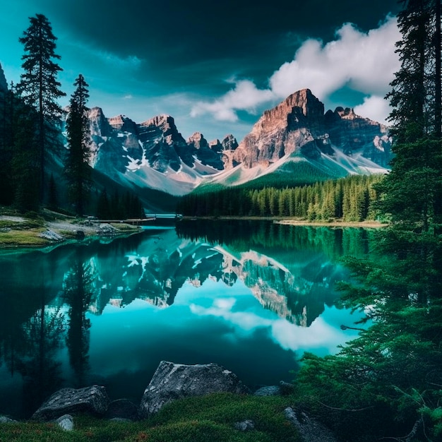 Photo a lake with mountains in the background