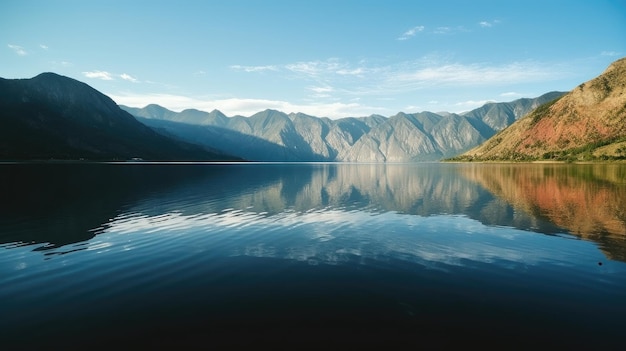 A lake with mountains in the background