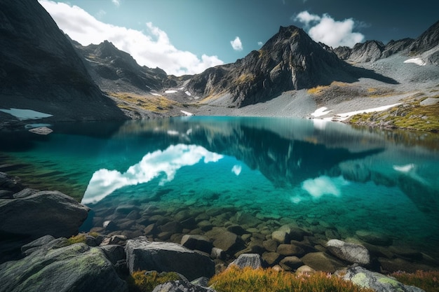 A lake with mountains in the background