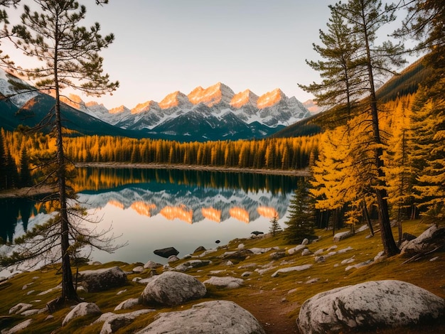 A lake with mountains in the background