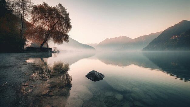 A lake with mountains in the background