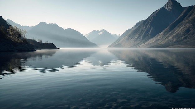 A lake with mountains in the background