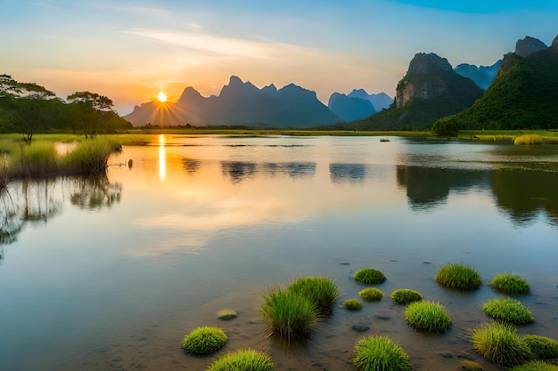 A lake with mountains in the background