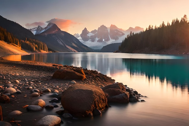 A lake with mountains in the background