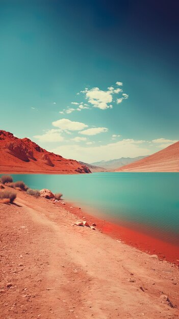 a lake with mountains in the background