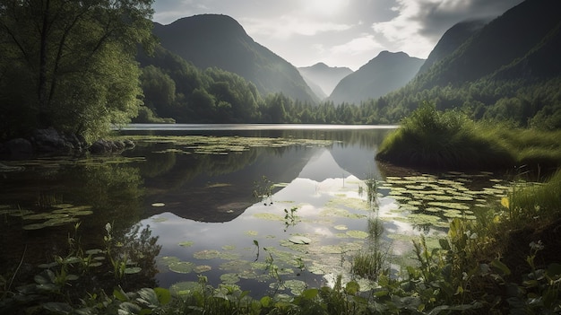 A lake with mountains in the background