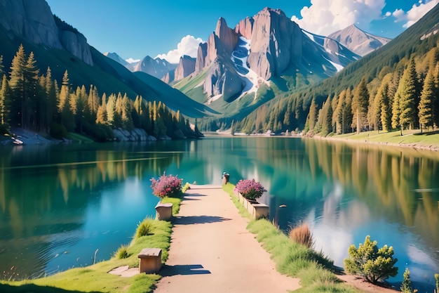 Photo a lake with mountains in the background