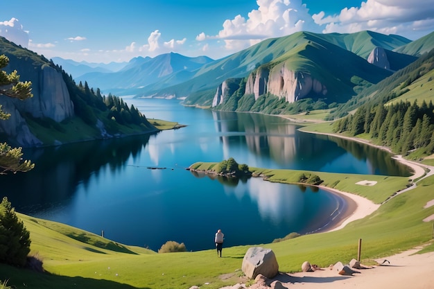 A lake with mountains in the background