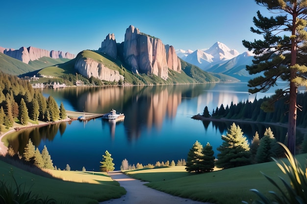 A lake with mountains in the background