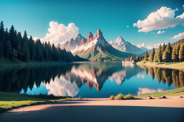 A lake with mountains in the background