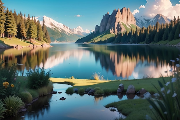 A lake with mountains in the background