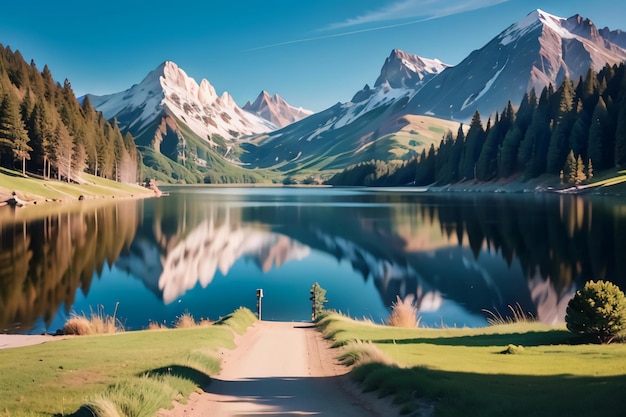 A lake with mountains in the background