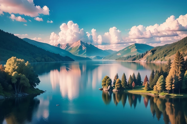 A lake with mountains in the background