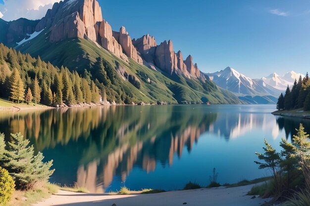 A lake with mountains in the background