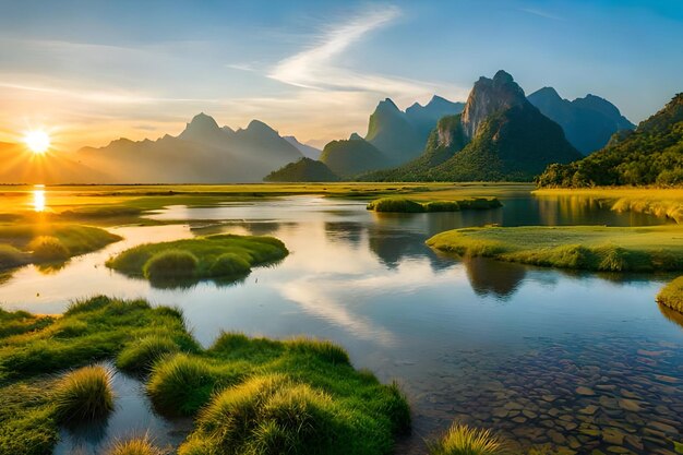 A lake with mountains in the background