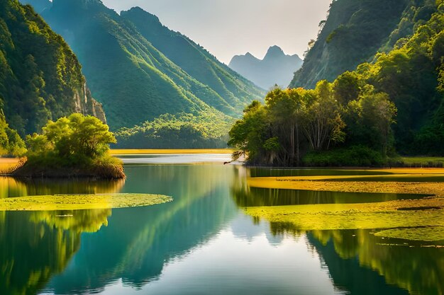 A lake with mountains in the background