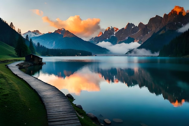 Photo a lake with mountains and a dock in the background