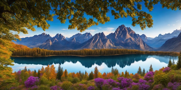 A lake with mountains and a lake in the foreground