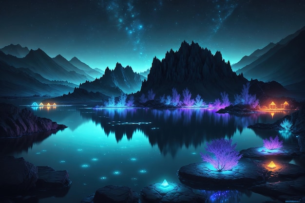 A lake with mountains and a lake with purple lights